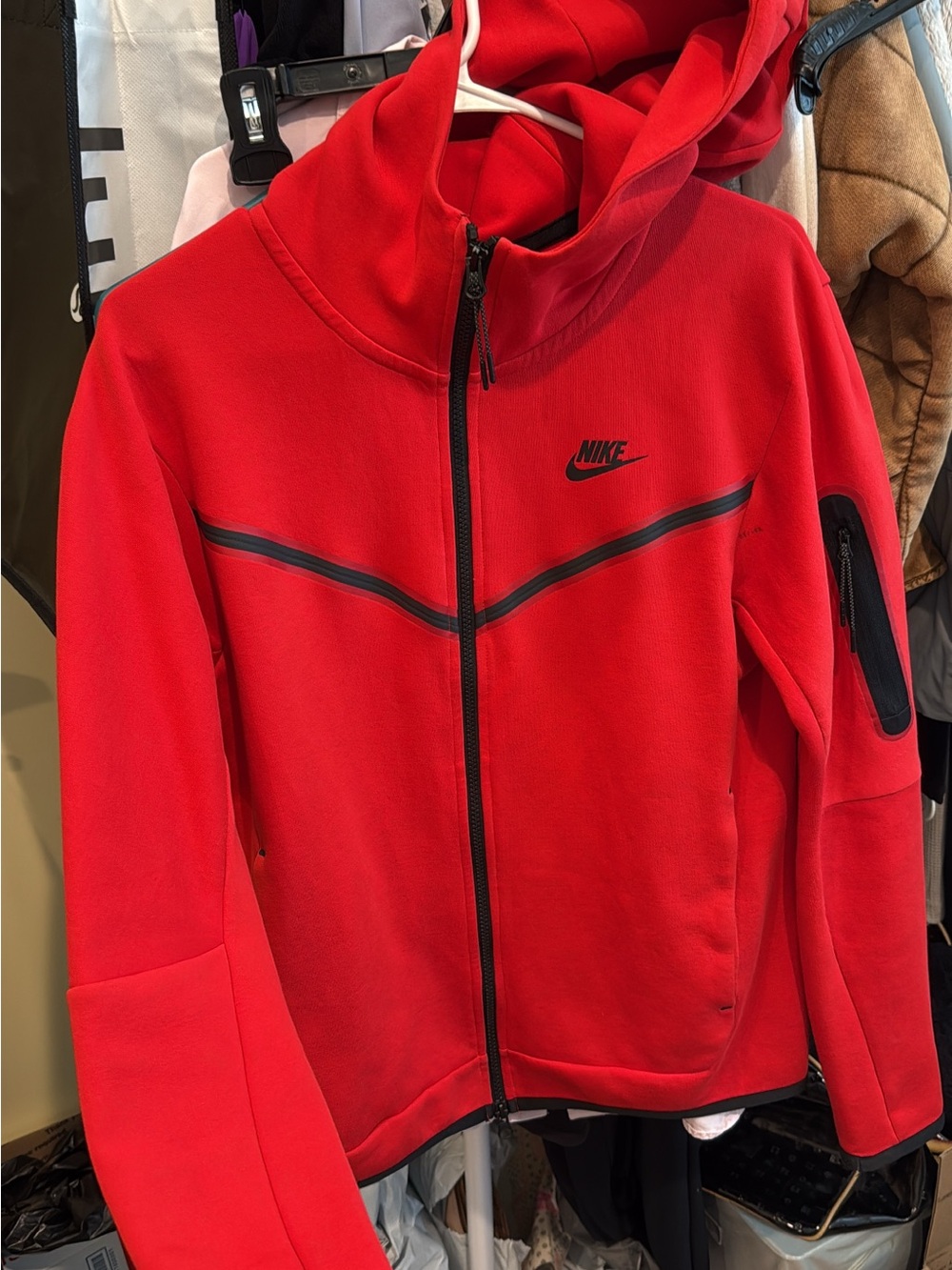 Nike tech Red Full-Zip Hooded Bomber Jacket with Black Trim